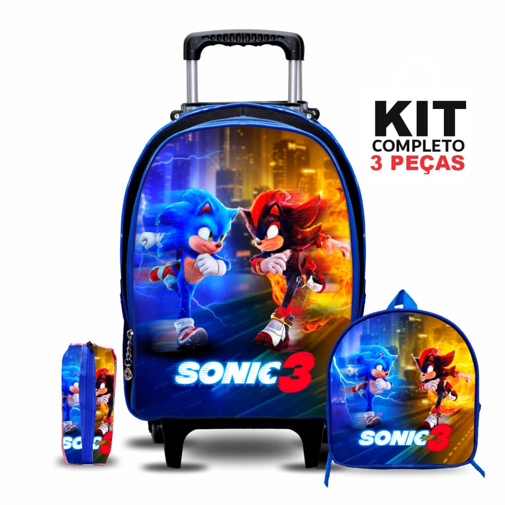 Kit Mochila Escolar Sonic 3 com Lancheira e Estojo - Rodinhas - Menino - Masculino