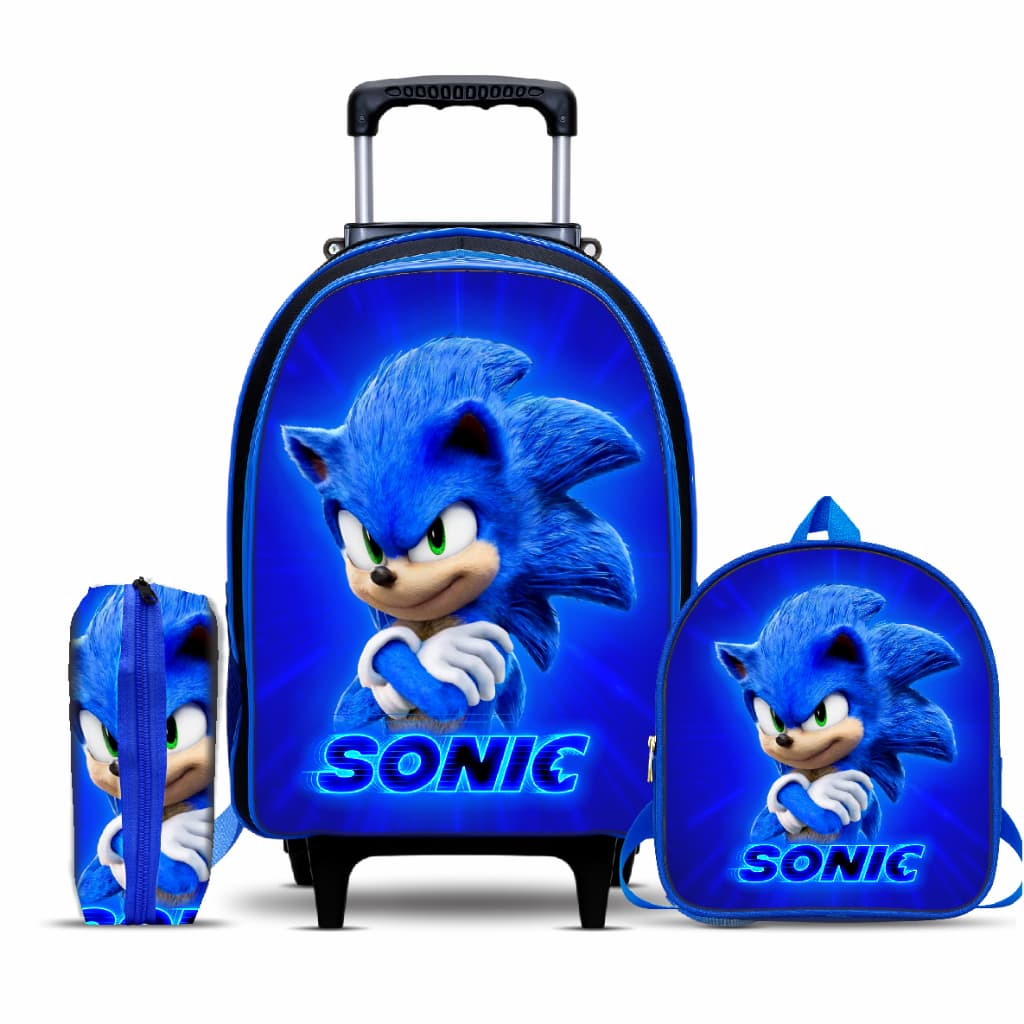 Mochila Escolar Sonic com Lancheira e Estojo - Rodinhas - Menino - Masculino