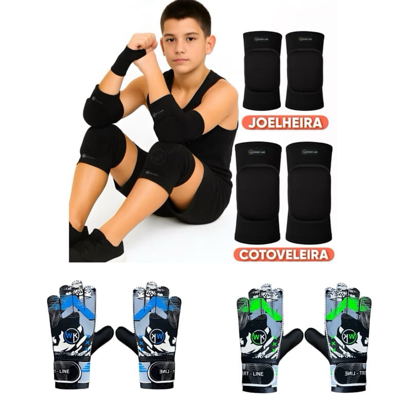 Kit Luva Goleiro wk-1 Joelheira e Cotoveleira Classica Infantil Juvenil ENVIO RAPIDO