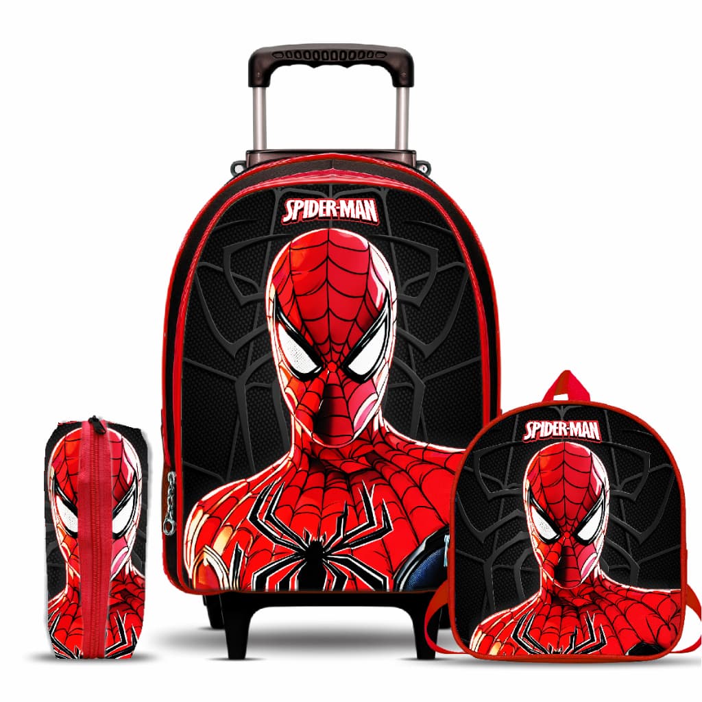 Kit Mochila Escolar Aranha Infantil - com Lancheira e Estojo - Rodinhas - Menino - Masculina