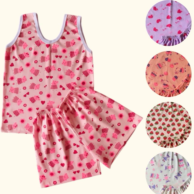 Pijama Infantil Verão Menina  – Conjunto Regata e Short 100% Algodão Estampas Sortidas