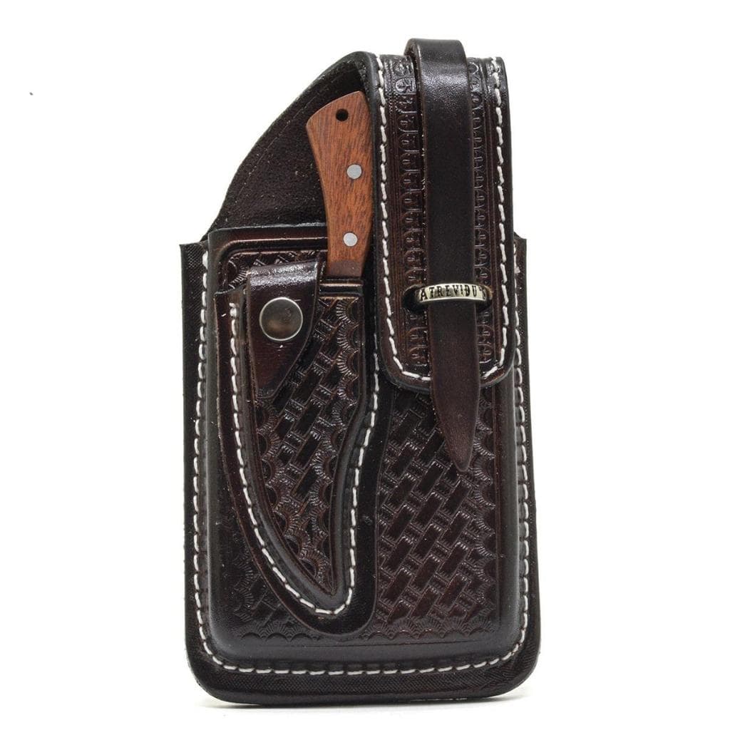 Kit Bainha Dupla Porta Celular Com Mini Faca Atrevidu's em Couro