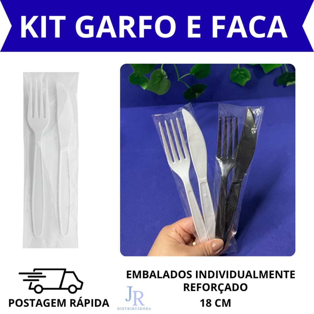 Kit garfo + faca descartável para refeição BRANCO /  PRETO (reforçado) embalado individualmente