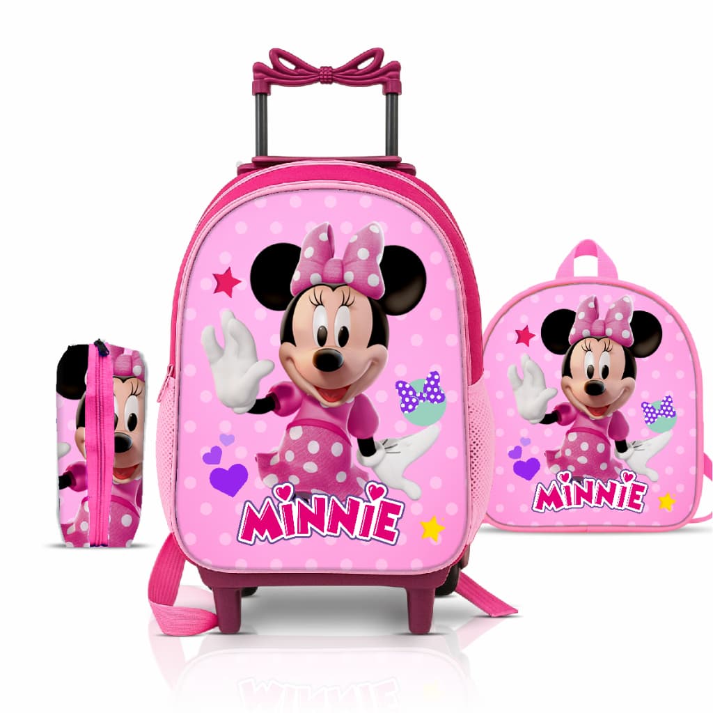 Kit mochila escolar Minnie com lancheira e Estojo - Carrinho com rodinhas - menina - feminino