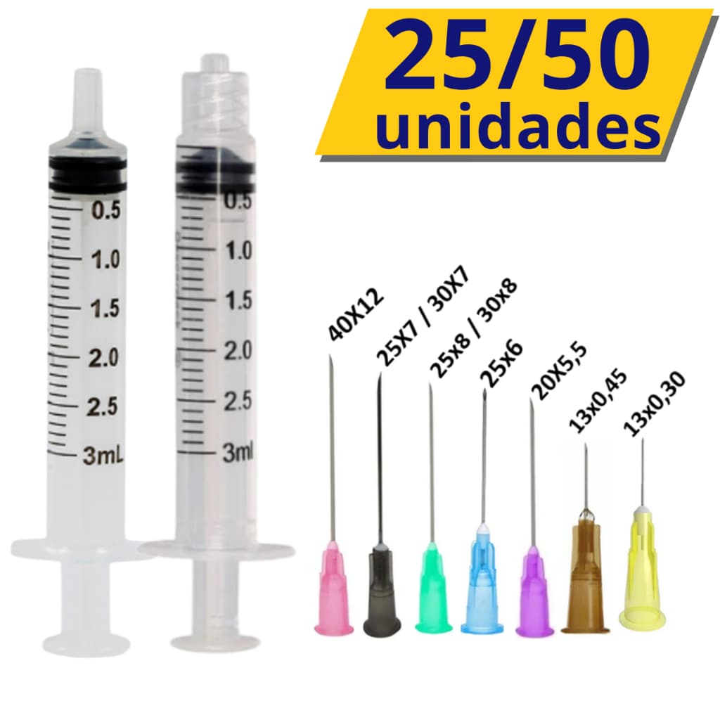 25/50 Un. Seringa 3ml Rosca ou Liso + Agulhas Vários Tamanhos