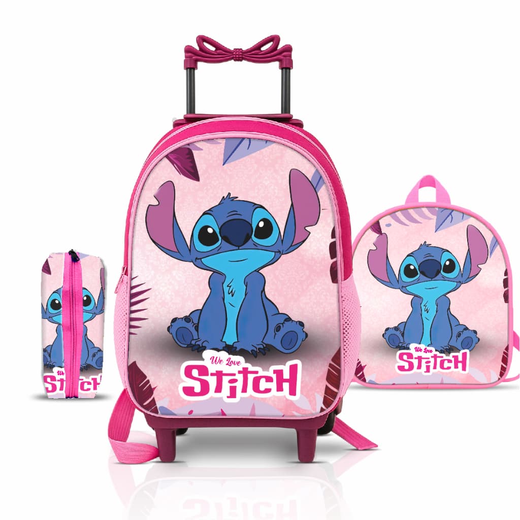 Mochila do Stitch com Lancheira e Estojo - Rodinhas - Infantil - Menina - feminino