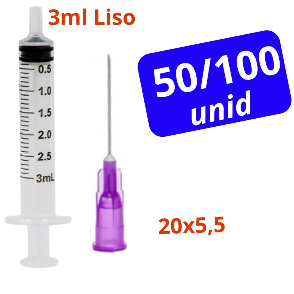 50/100 Unid. Seringa 3ml Bico Liso C/ Agulha 20x5,5