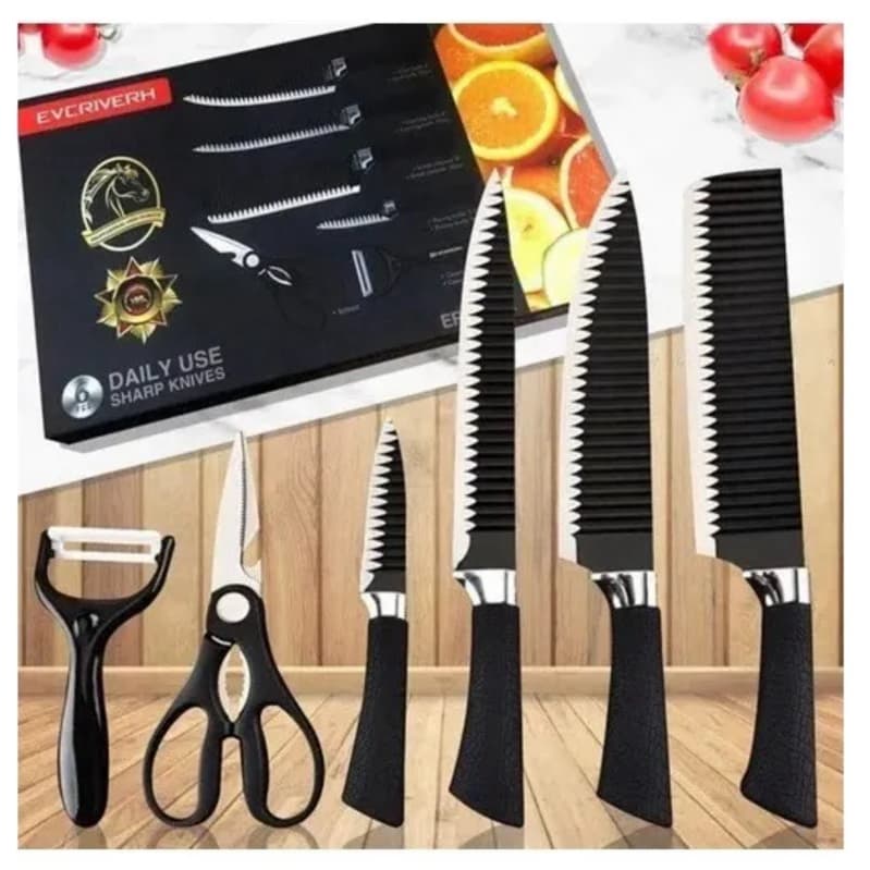 KIT Facas Com 6 Peças Utensílios Faqueiro - Colorido Com Tábua Profissional-LM