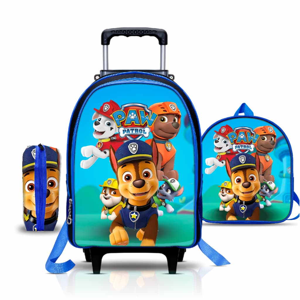Mochila Escolar Patrulha Canina com Lancheira e Estojo - Rodinhas - Menino