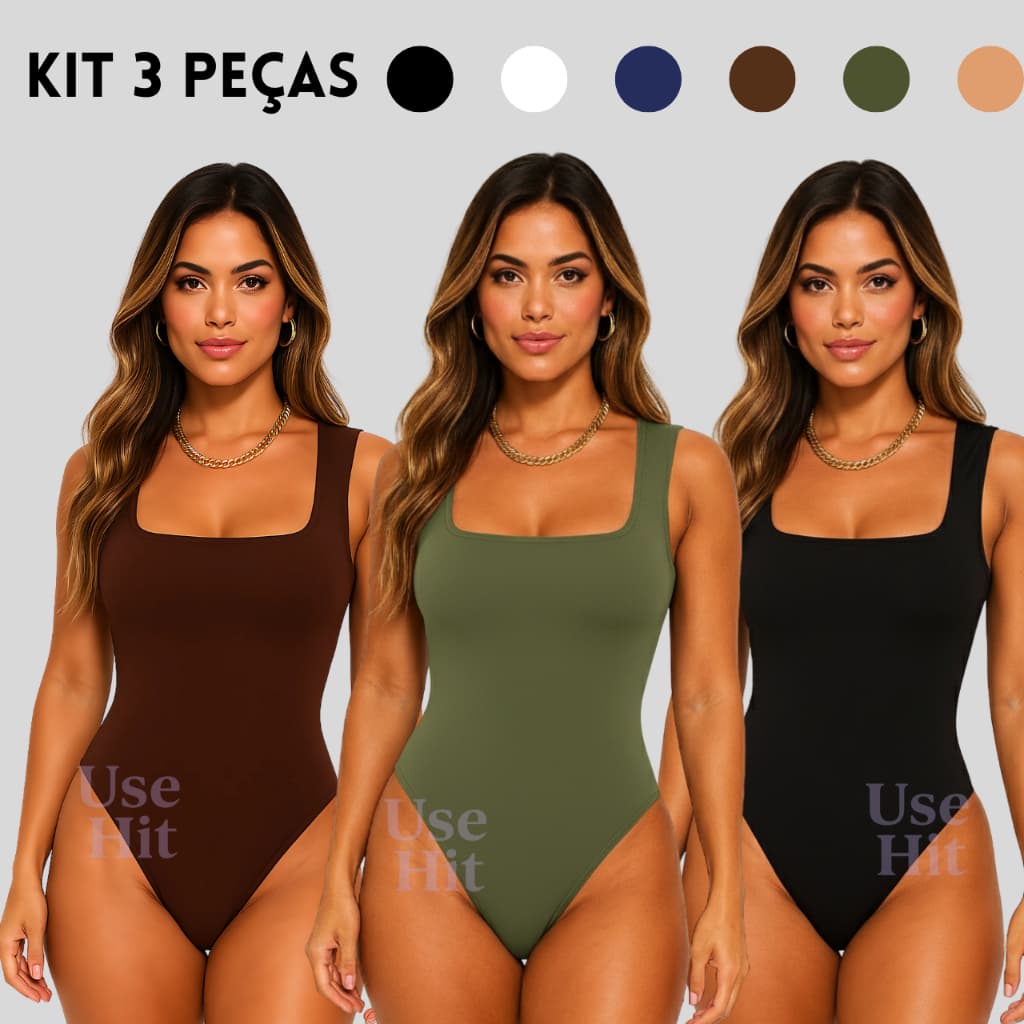 Kit 3 Body Feminino Decote Quadrado Estiloso Collant Com Forro Moda Blogueira Tendencia