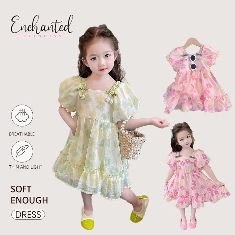 ENCHANTEDPRINCESS Novo vestido de princesa floral de verão, decorado com flores frescas, perfeito para usar no dia a dia