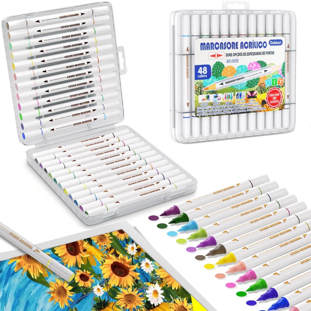 Caneta marcadora acrílica Tinta ponta dupla kit 120/72/48/36/24 cores sortidas ,Preto, branco, dourado，caixa de secagem