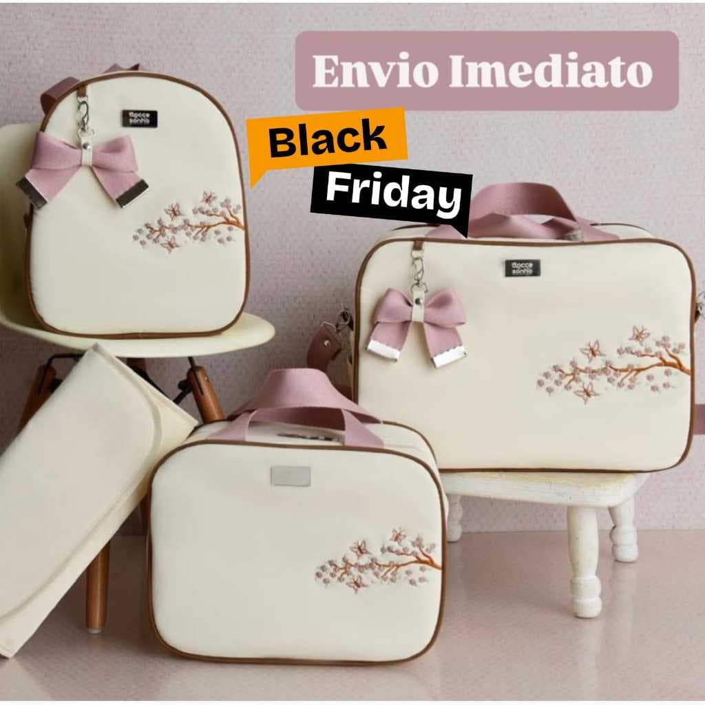 Bolsa Maternidade kit com 4 Peças Termico Impermeável Bordado Borboleta Safari Menina/Menino