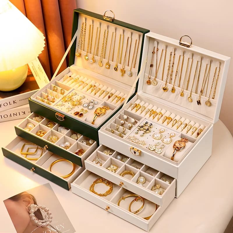 Caixa de Joias Grande 3 camadas Com 2 Gavetas Multifuncional couro Luxuoso Porta Joias com Chave Q19