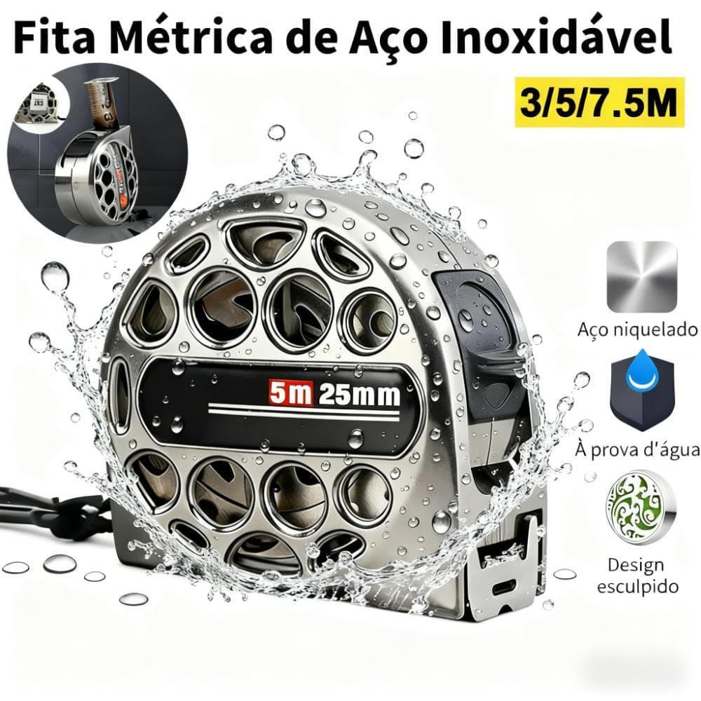Fita Métrica De Aço Inoxidável 3/5/7,5m Trena Profissional Trava Anti-incrustante, impermeável, protetor solar