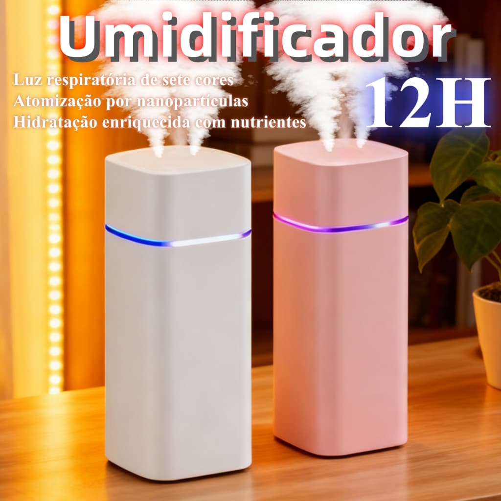 Umidificador De Ar Grande 12 Horas Com 2 Saídas De Ar E Led 3 Em 1 Multifuncional 600ml Para Quarto
