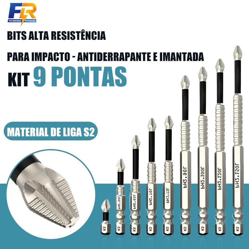 Kit 9 Pontas Philips PH2 para Impacto, Imantadas e Antiderrapantes Liga S2