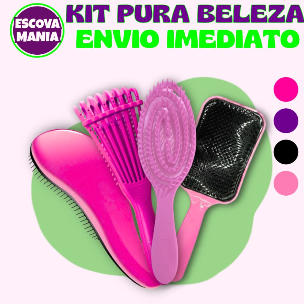Kit Pura Belezas 4 ITENS  - 1 Escova Magica + 1 Escova Aspiral + 1 Escova Polvo +  1 Escova Raquete De Desembaraçar Cab