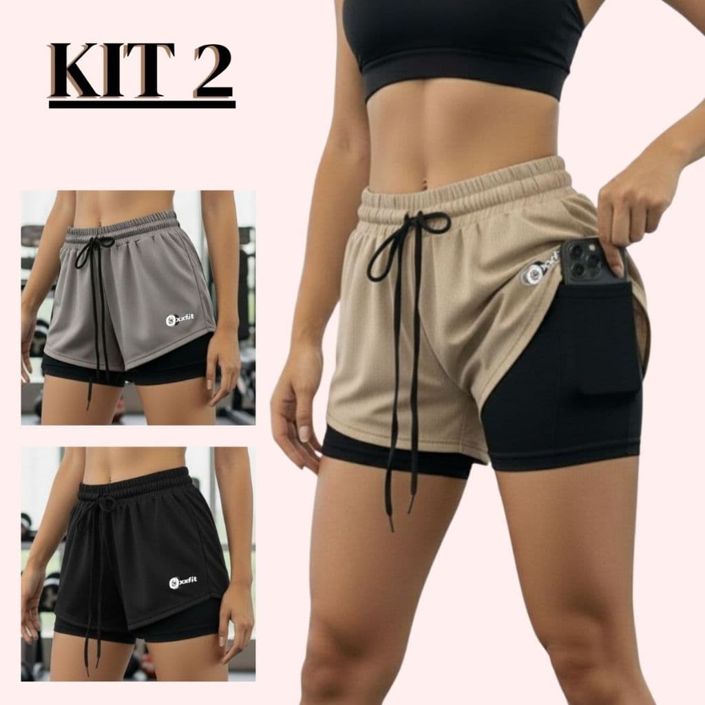 Kit 2 Shorts Compressão 2 Em 1 Feminino Bermuda Para academia Caminhadas E Corrida
