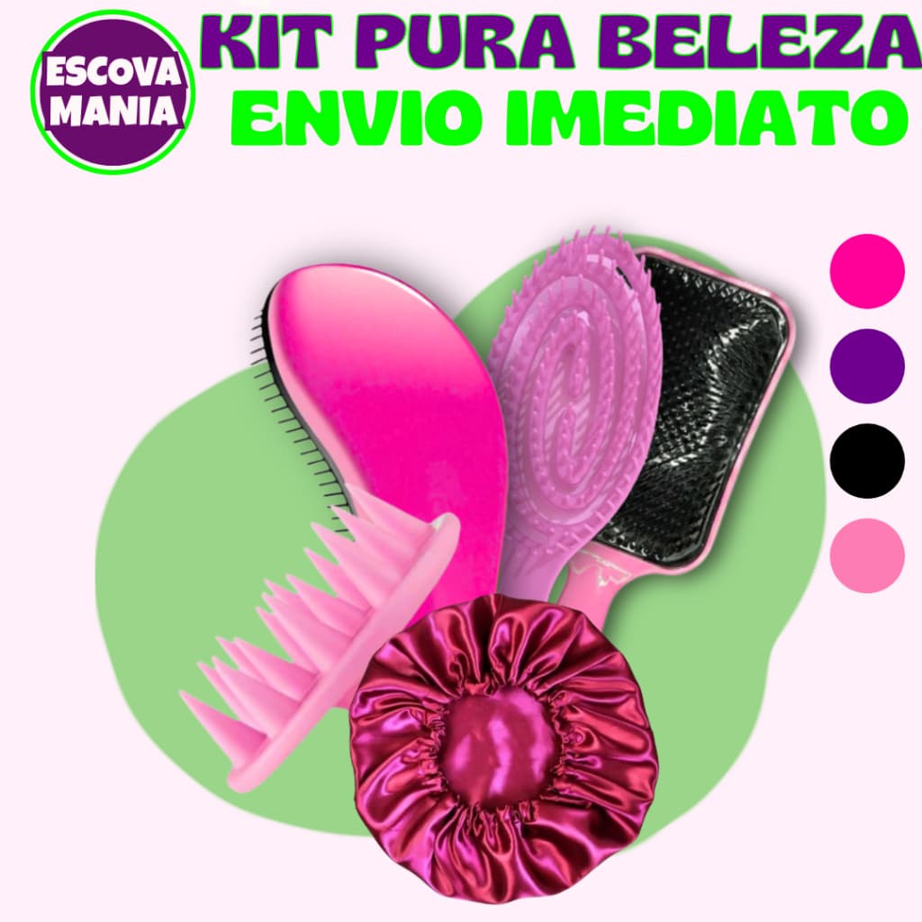 Kit Pura Beleza 5 Itens - Escova Mágica + Escova Raquete + Escova Oval + Escova Massageadora + 1 Toca de Cetim