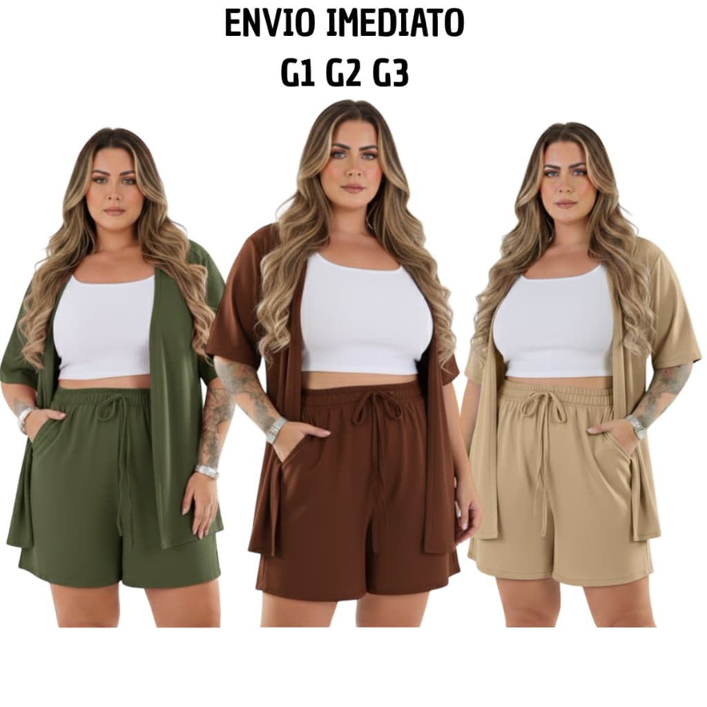 Conjunto 2 Peças Kimono e Short Plus Size Com Bolso Liso Marrom verde branco Preto Cardigam e Short