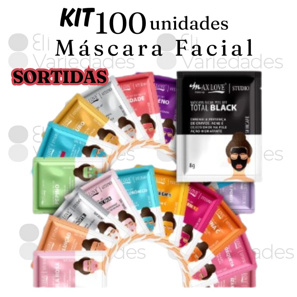 Kit 100 Máscaras Facial Sachê Modelos - 100 UN - MAX LOVE - BLACK, PEPINO, REDUTOR DE POROS E CHÁ VERDE