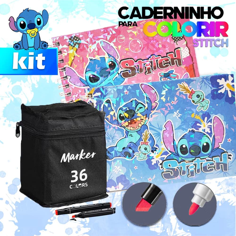 Conjunto de Livros de Colorir Stitch 50 páginas + 24-120 marcadores coloridos - Capa Holográfica