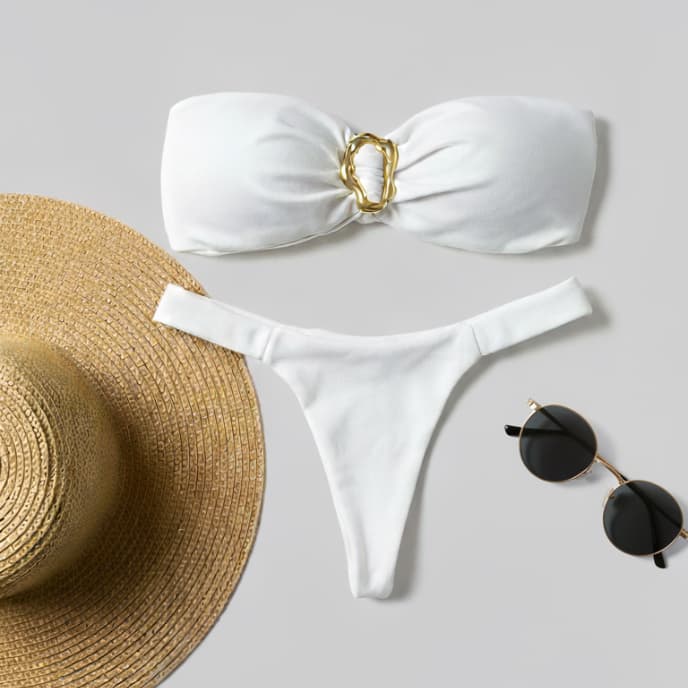 Conjunto de Biquini Praia Feminino com Decote Tomara Que Caia, Decoração Dourada- Verão- Basico