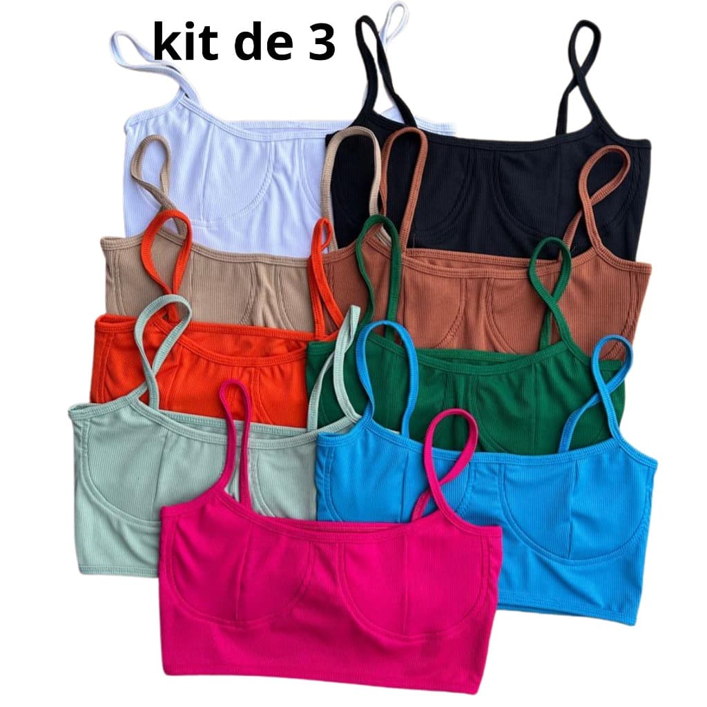 kit de 3 Cropped Blogueira Poliamida Sem Bojo Meia Taça Top Moda Verão Alça Fina Feminino crop copet