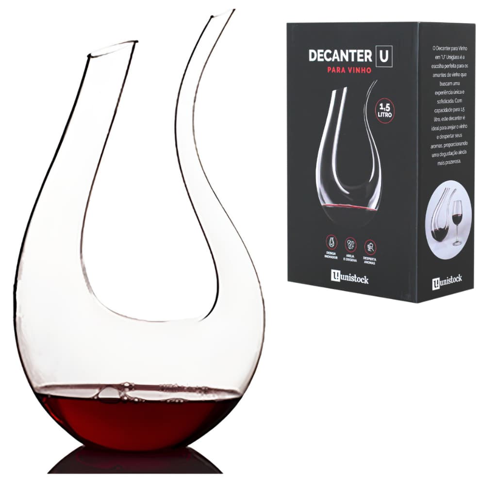 Decantador de Vinho Cristal 1500ml Design U - Decanter Aerador Luxo para Vinhos Tintos