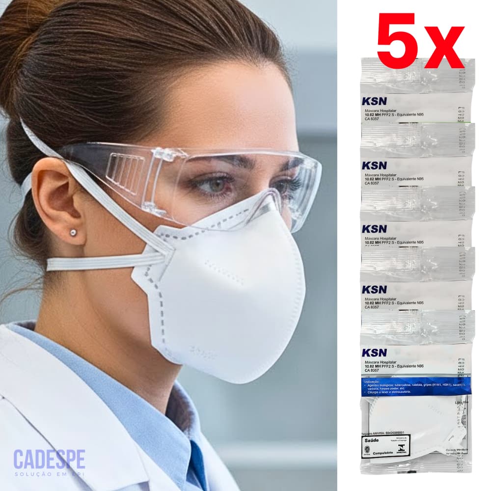 Kit 5 Máscaras Descartável Hospitalar PFF2 (N95) Proteção Laboratório Branca - KSN Ca 8357