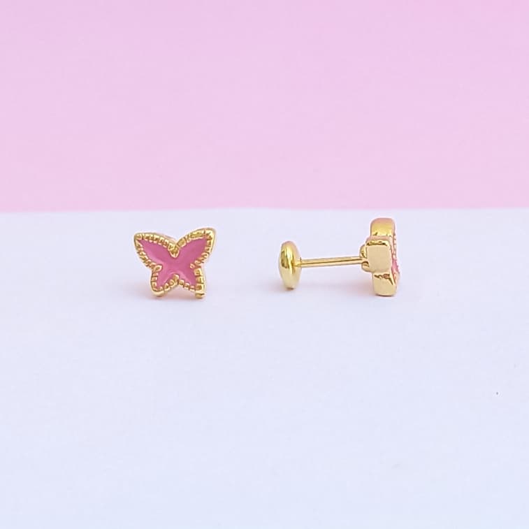 Brinco Infantil Borboleta Rosa – Tarraxa Baby – Banho Ouro 18k – Hipoalergênico
