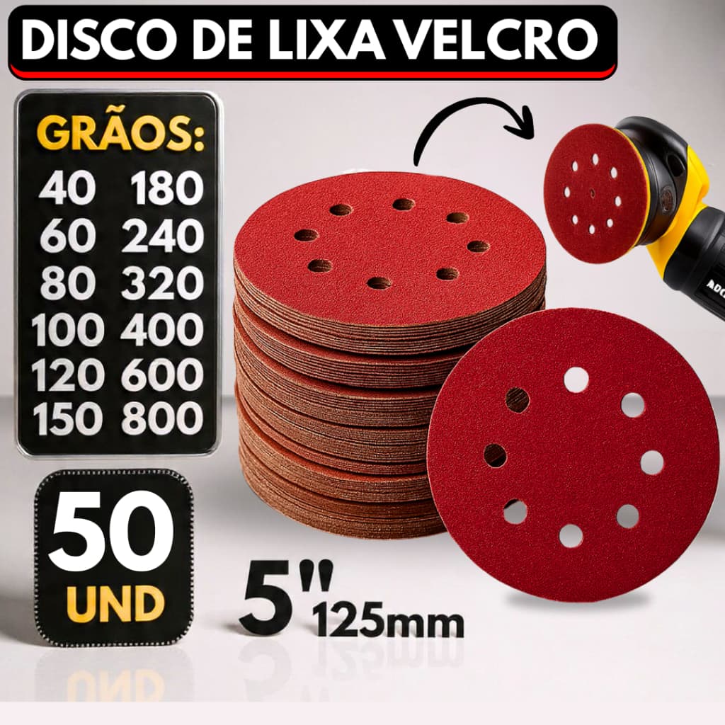 Kit 50 Disco Lixa com Velcro 125mm 8 Furos Lixadeira Politriz Rokit Roto Orbital