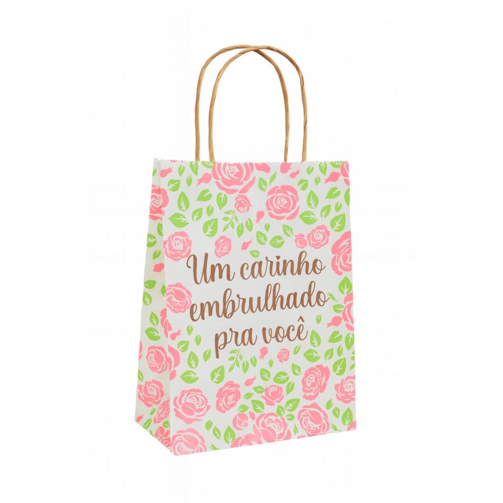 Sacola de Papel Kraft Personalizada p/ Presente Floral Branca  Um Carinho Embrulhado pra vc -Premium