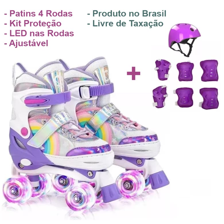 Patins Infantil Arco Iris Rosa Azul Lilás 4 Rodas Tamanho Ajustável LED Nas Rodas + Kit Proteção