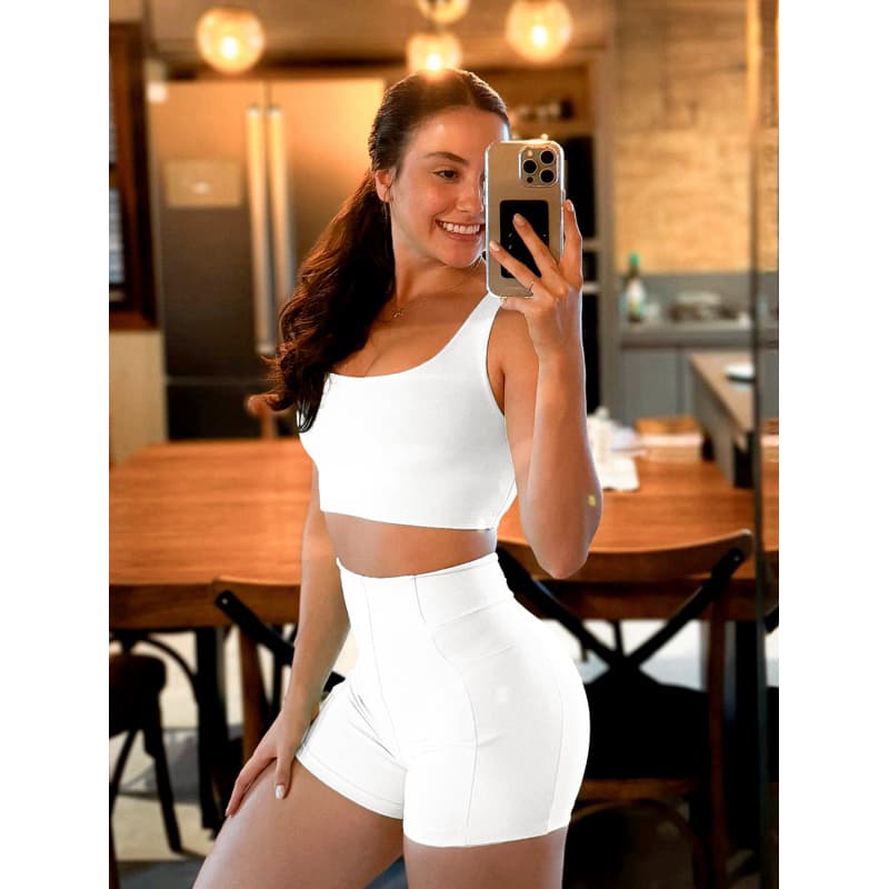 Conjunto Fitness Short Bolso Top Duplo Cós Alto Poliamida Regata Corrida Roupa de Treino Feminina