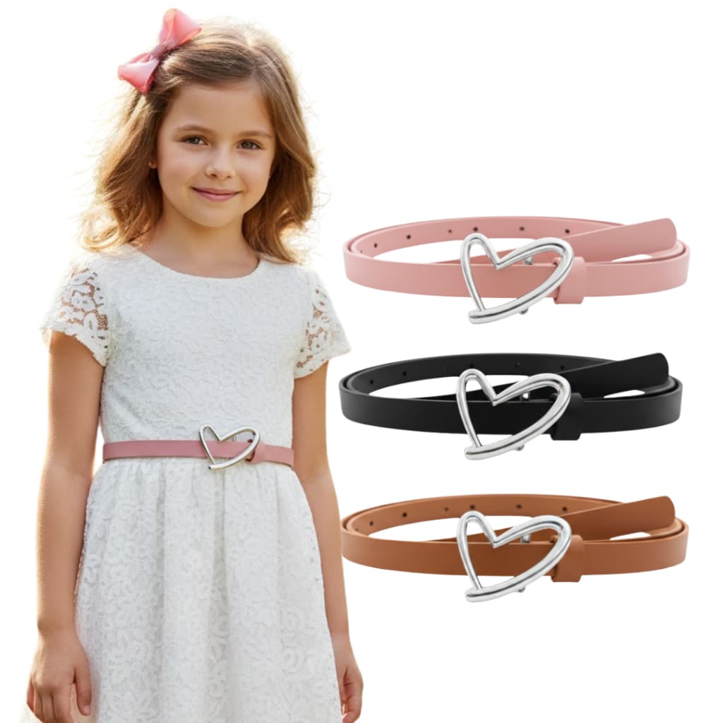 Kit 3 Cintos Infantil Fino Feminino Delicado Fivela de Coração Prata Moda Kids - Clarinha
