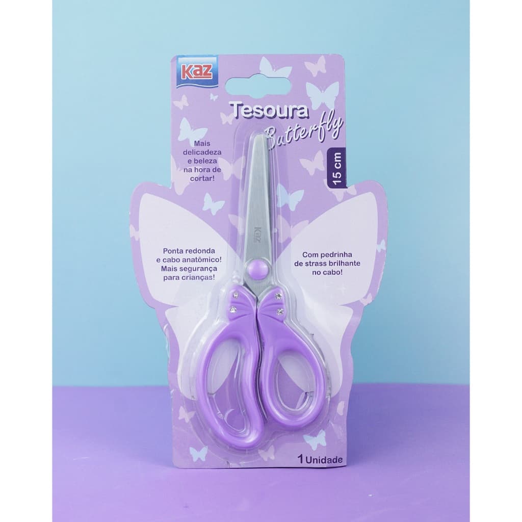 Tesoura Borboleta Butterfly Strass Kaz 15cm KZ11414 Escolar Volta às Aulas Papelaria Fofa Kawaii