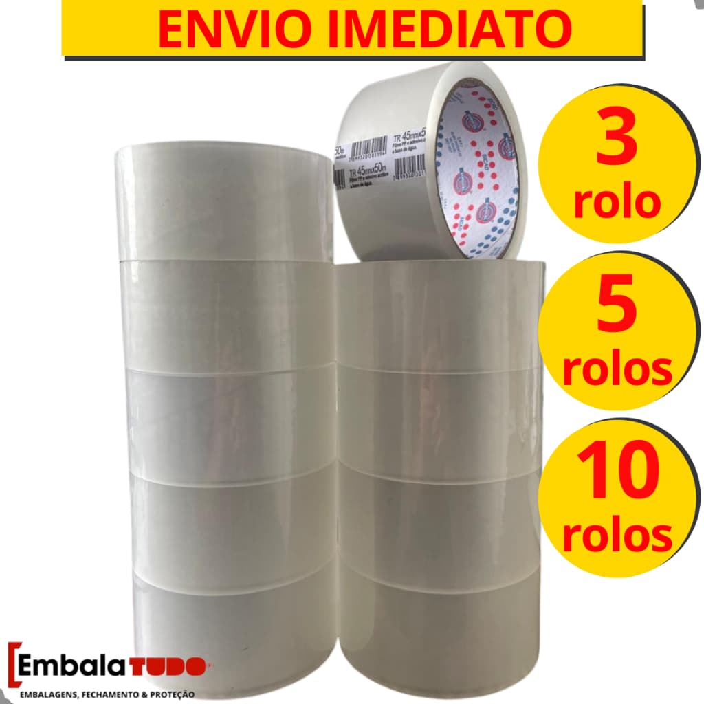 10 Fita Adesiva Larga 45mm X 50 Metros Durex Transparente - 10 Rolos