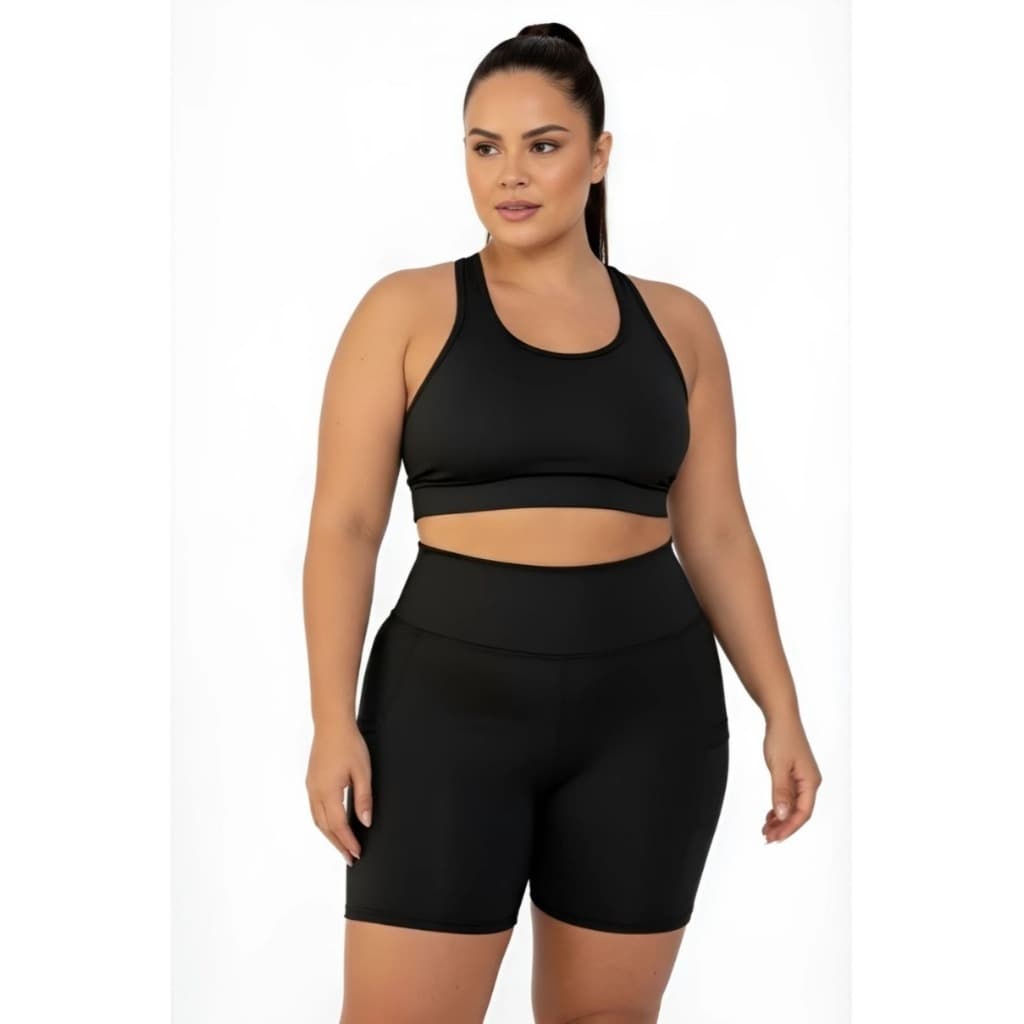 Conjunto Plus Size Top + Bermuda Fitness Academia Treino Básica Roupas Femininas
