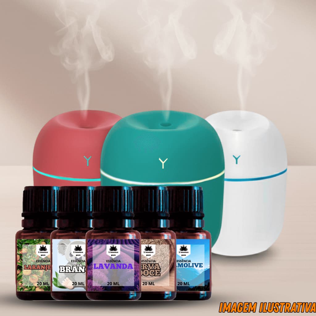 umidificador de ar LED + 5 Essências hidrossoluveis 20ml | Difusor elétrico | Aromatizador de ambiente