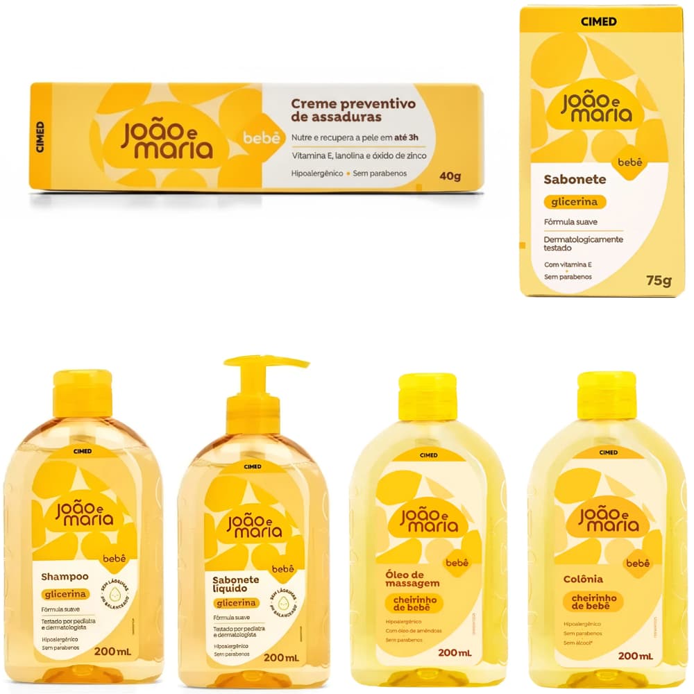KIT 6 ITENS JOÃO E MARIA SHAMPOO 200ML, SAB. LIQ 200ML, SAB. EM BARRA, COLÔNIA, POMADA E ÓLEO