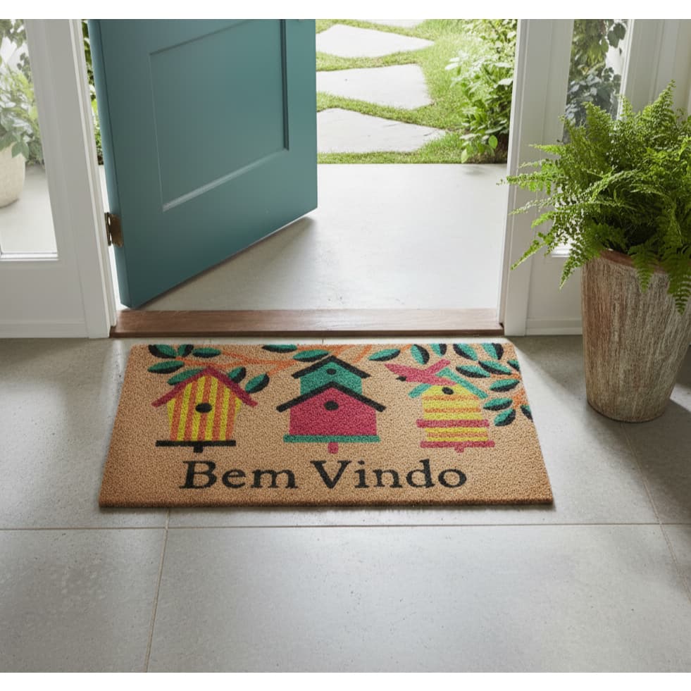 Tapete Capacho Bem Vindo De Fibra De Coco Porta Antiderrapante 60cm/33cm Bege