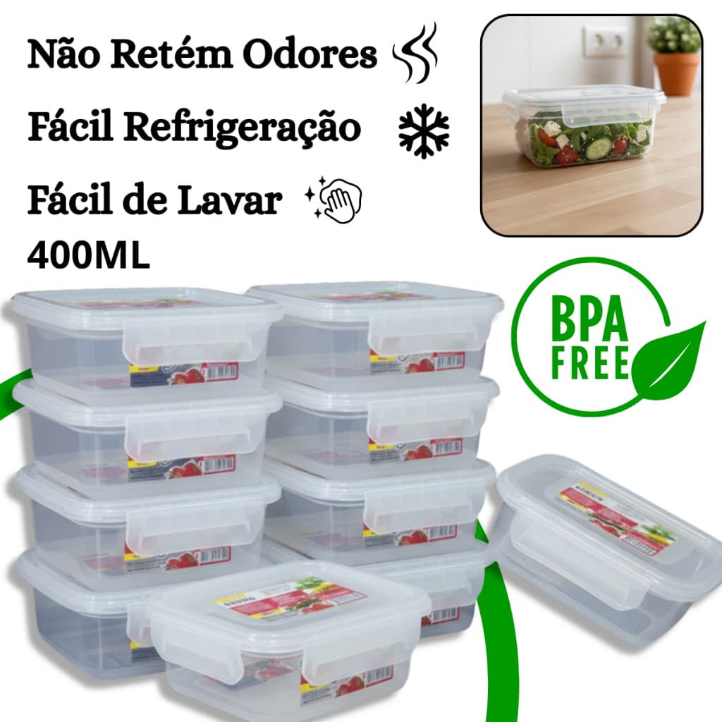 Kit 10 Pote Marmita Hermético 400ml Retangular Tampa com Trava Livre de BPA
