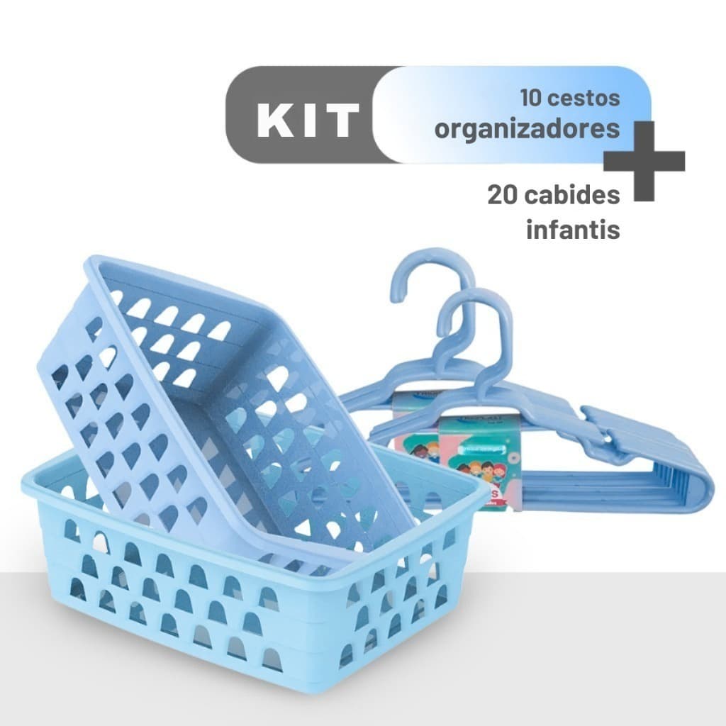 Kit 20 Cabides Infantis + 10 Cestos Organizadores Azul para Guarda-Roupa