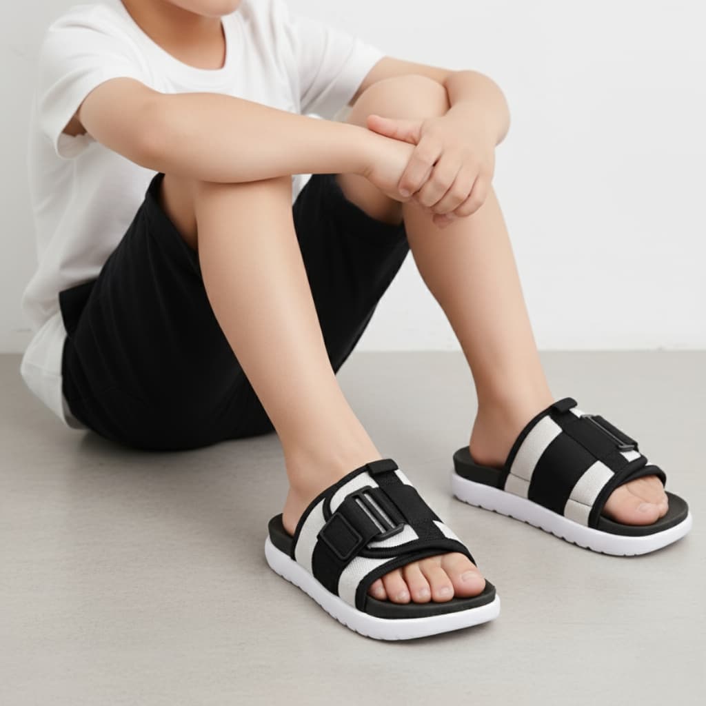 Chinelo Sandália Infantil Slide Ajustável Preto e Off-White Unissex - Leve e Macio