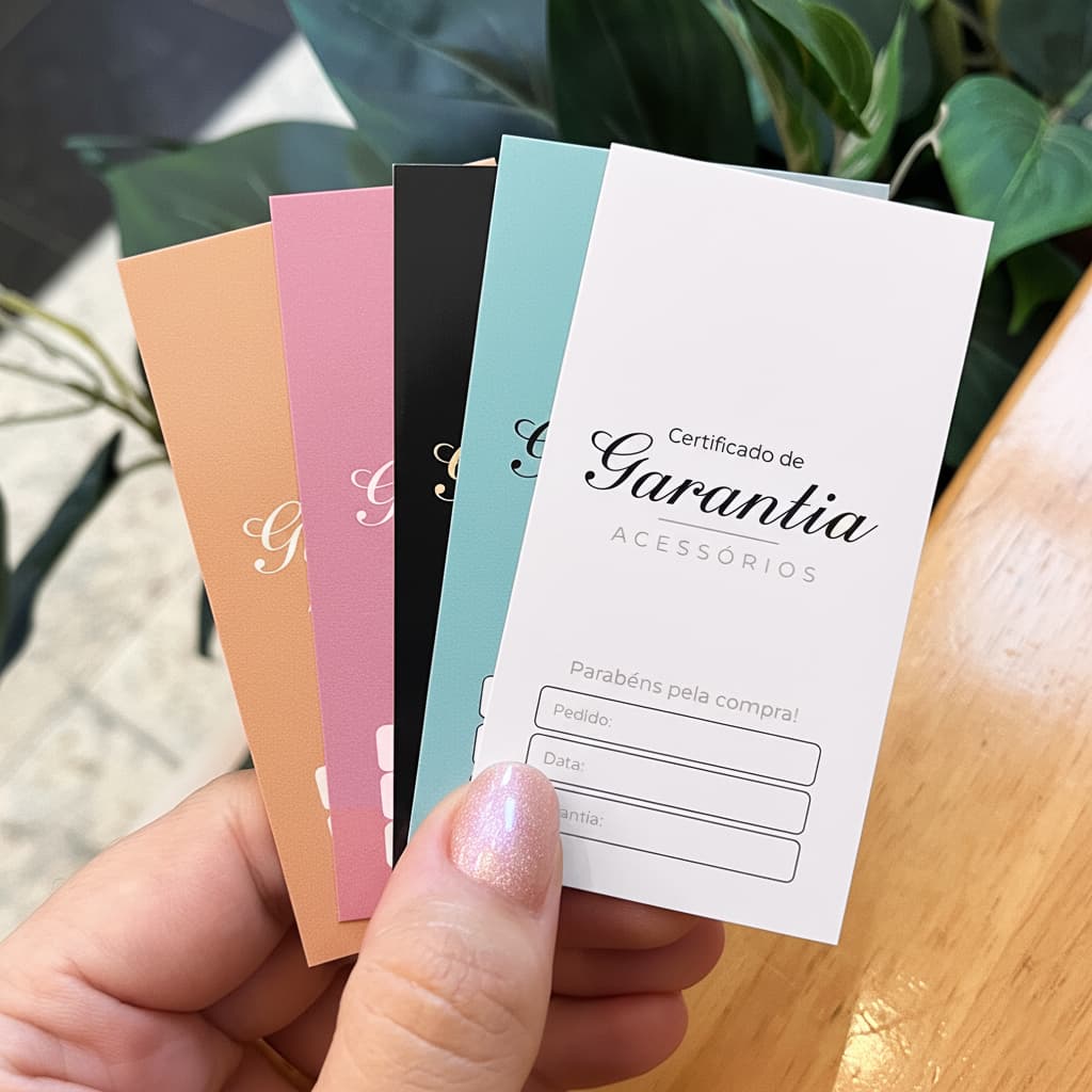 Cartão Certificado de Garantia e Cuidados Acessórios Semijoias e Bijouterias Peça - 9x5cm