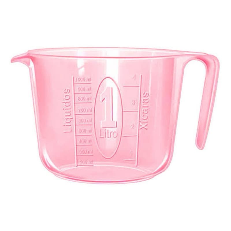 Jarra Copo Medidora com Alça De Plástico Rosa Transparente Graduada 1 Litro Confeitaria