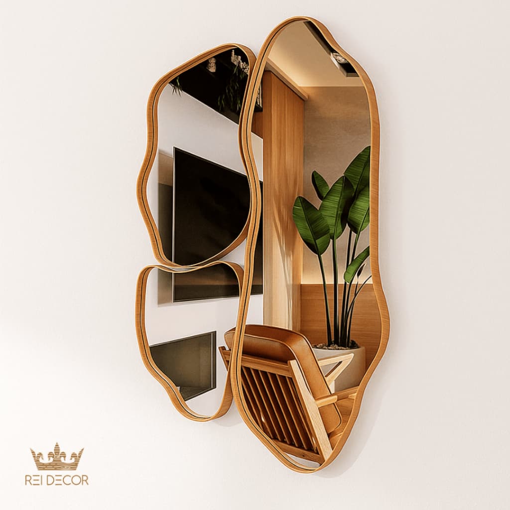 Kit 3 Espelhos Orgânicos Slim Cinamomo Moldura Amadeirada Assimétricos Casa Clínica Escritório