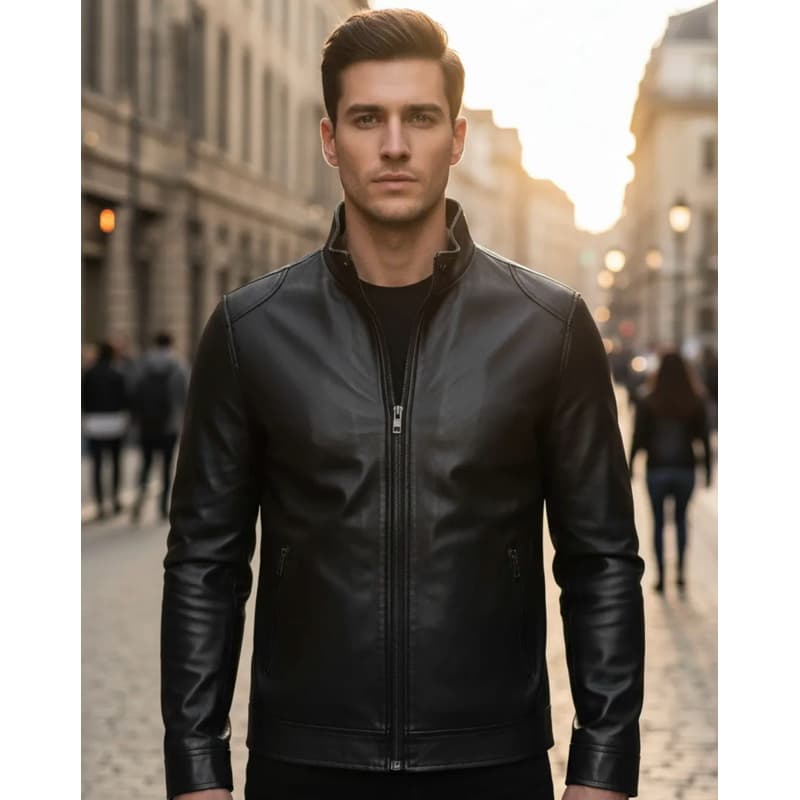 Jaqueta de Couro Masculina Lisa Minimalista Clássica Casual
